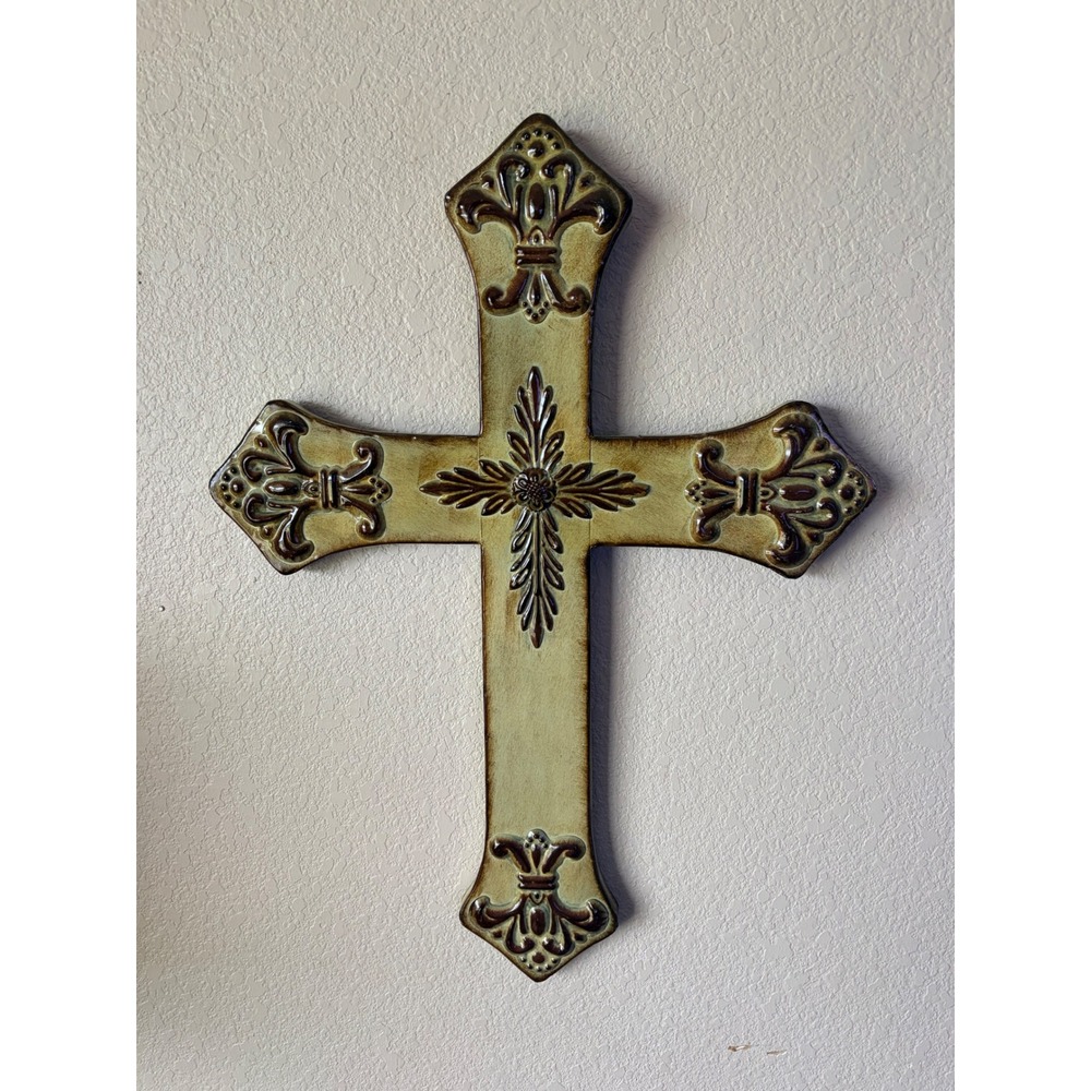 Large Ceramic Fleur De Lis Wall Cross Olive Green Brown Glaze Rustic Home Decor
